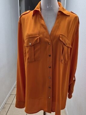 New York & Company Button-Front Utility Blouse in Rich Orange, Gold Buttons